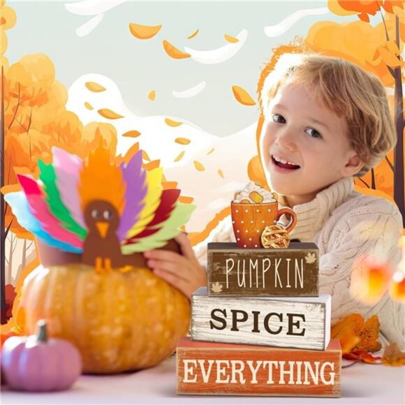 4 Pcs Fall Wooden Tabletop Decor‎ - Rustic Hello Fall Cup & Tiered Tray Signs - Picture 6 of 7